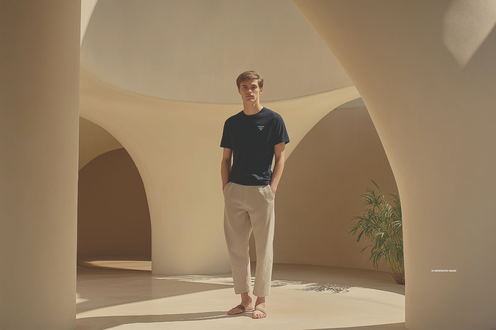 Unisex organic t-shirt in natural tone with “Cultivate Simple Joys” embroidery, styled for conscious everyday wear