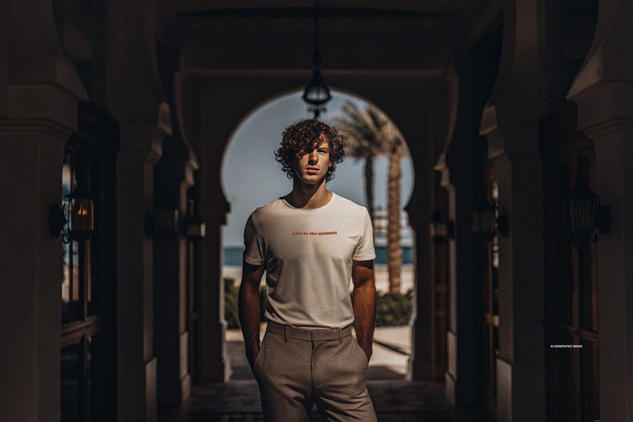 Model wearing white unisex organic cotton t-shirt with “Live in the Moment” embroidery, relaxed and mindful style
