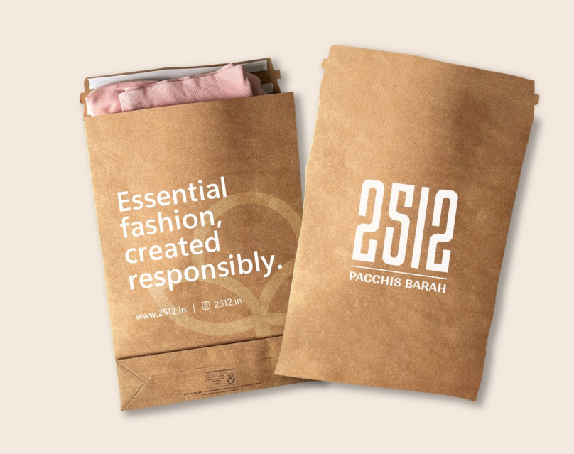 Eco friendly packaging for 2512 Pacchis Barah organic cotton t-shirts and sustainable t-shirts, promoting responsible fashion with organic cotton tee collections for men and women.
