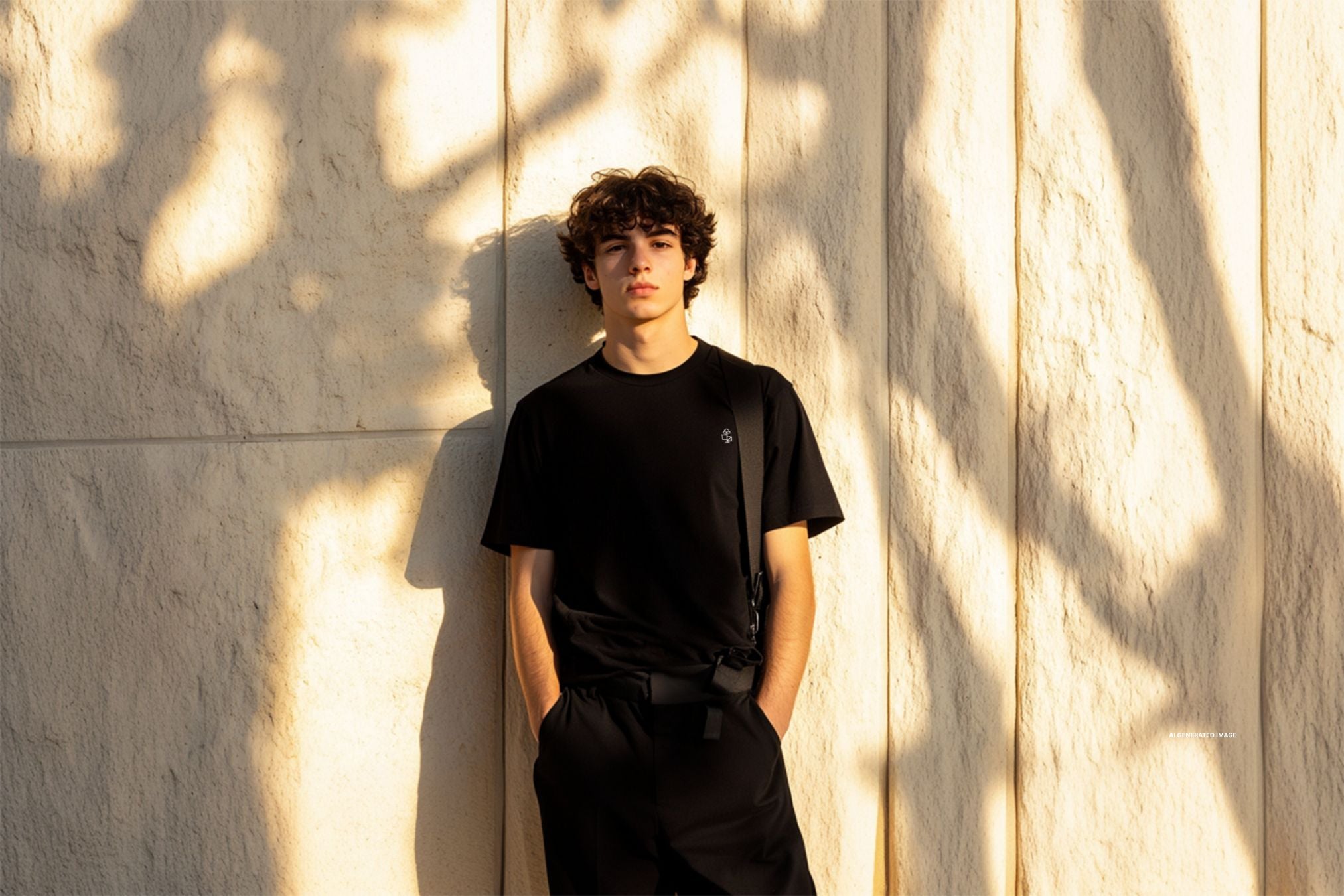 Model wearing 2512 Motif black organic cotton unisex t-shirt with chest embroidery, relaxed fit, conscious capsule style